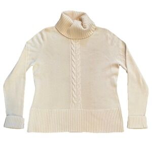 Sarah Spencer Women's L Merino Wool Sweater Cable Knit Ribbed Turtle Neck Cream
